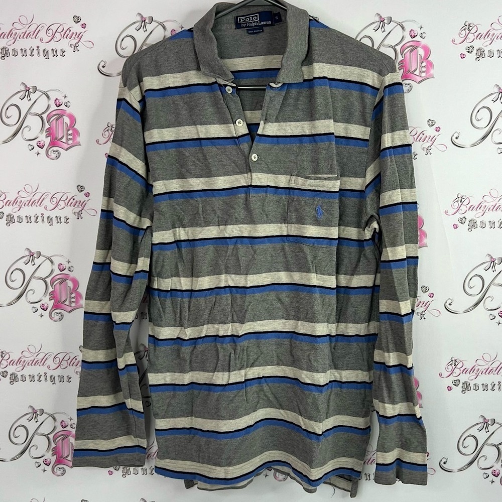 Ralph Lauren half button up Gray and Blue Striped Polo Shirt
